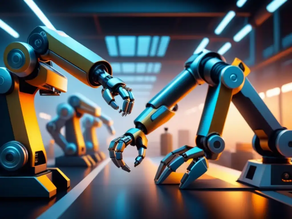 Robótica interconectada: precisión y eficiencia futurista Un escenario futurista donde brazos robóticos interconectados trabajan en armonía, demostrando la eficiencia de sistemas integrados