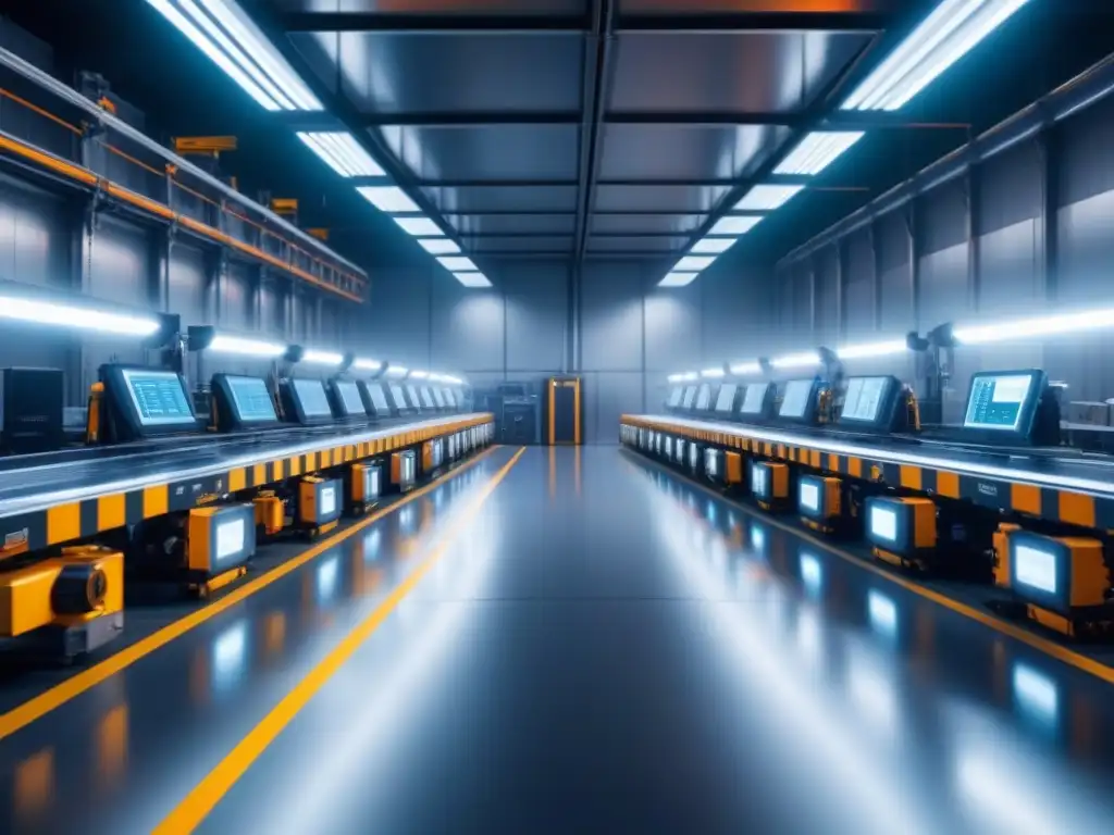 Un escenario futurista de fábrica industrial con robots y paneles de control digital, optimizando procesos en la Industria 4