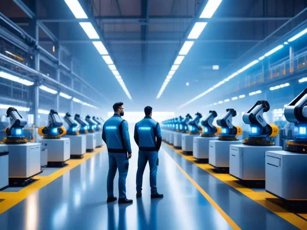 Un escenario futurista en una planta industrial con robots autónomos y trabajadores humanos, reflejando la regulación para la autonomía industrial