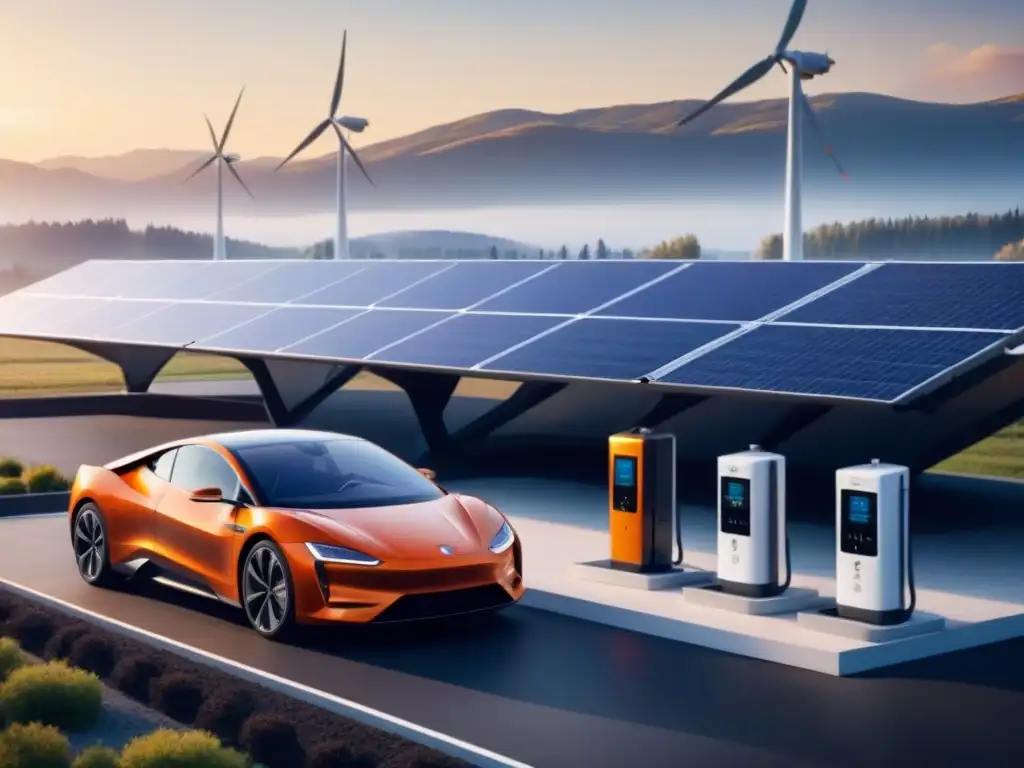 Un escenario industrial moderno y cautivador con paneles solares, turbinas eólicas y estación de carga para autos eléctricos