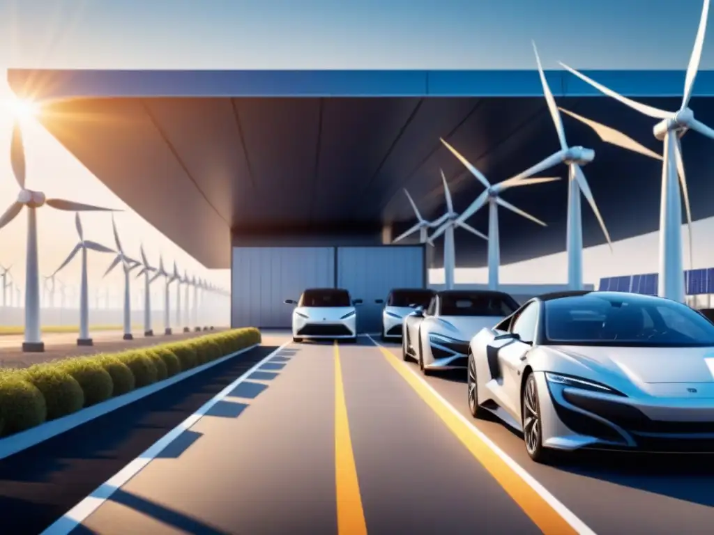 Un escenario industrial moderno con paneles solares, turbinas eólicas y vehículos eléctricos