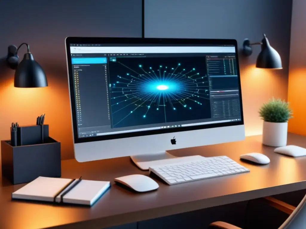 Un escritorio moderno y eficiente con una computadora de alta tecnología mostrando redes interconectadas, transmitiendo datos entre sistemas