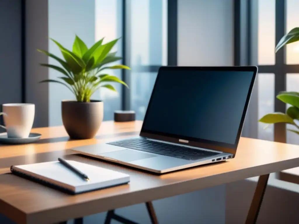 Un escritorio moderno con laptop, cuaderno, planta y café, iluminado por luz natural