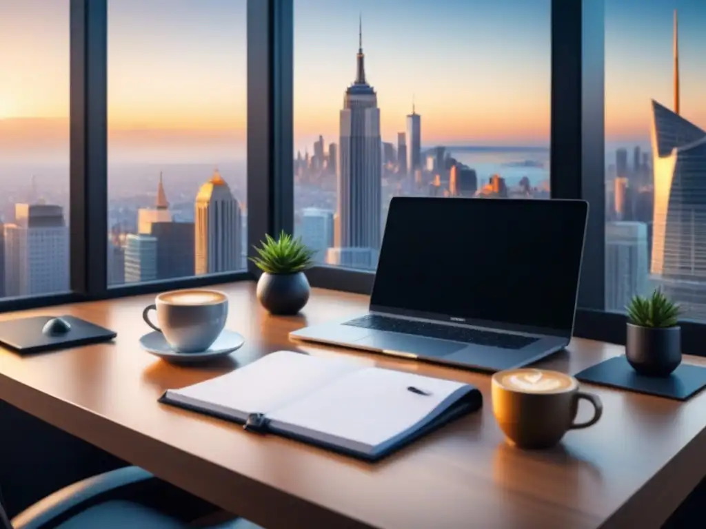Oficina minimalista con laptop, café y vista urbana Escritorio moderno con laptop, café, bloc de notas y pluma, frente a ventana con vista de ciudad