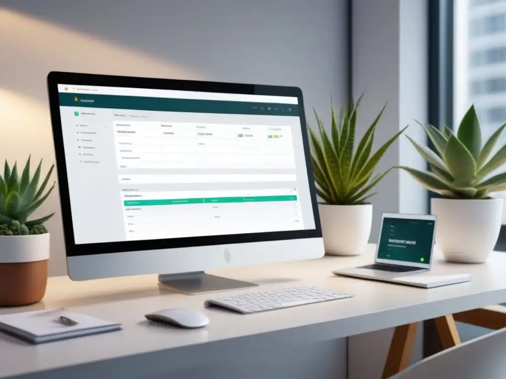 Un escritorio moderno con laptop y software de gestión de proyectos, rodeado de suculentas decorativas en macetas blancas