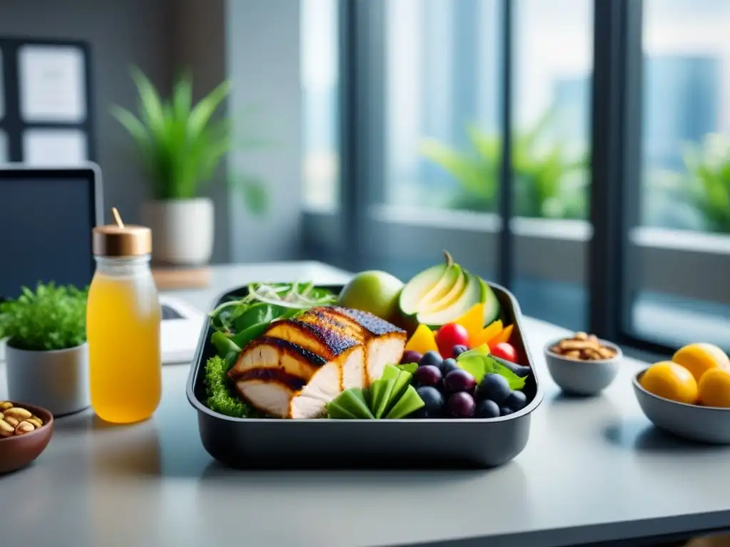 Un escritorio de oficina minimalista con una caja bento organizada con comida saludable, transmitiendo equilibrio en un ambiente laboral