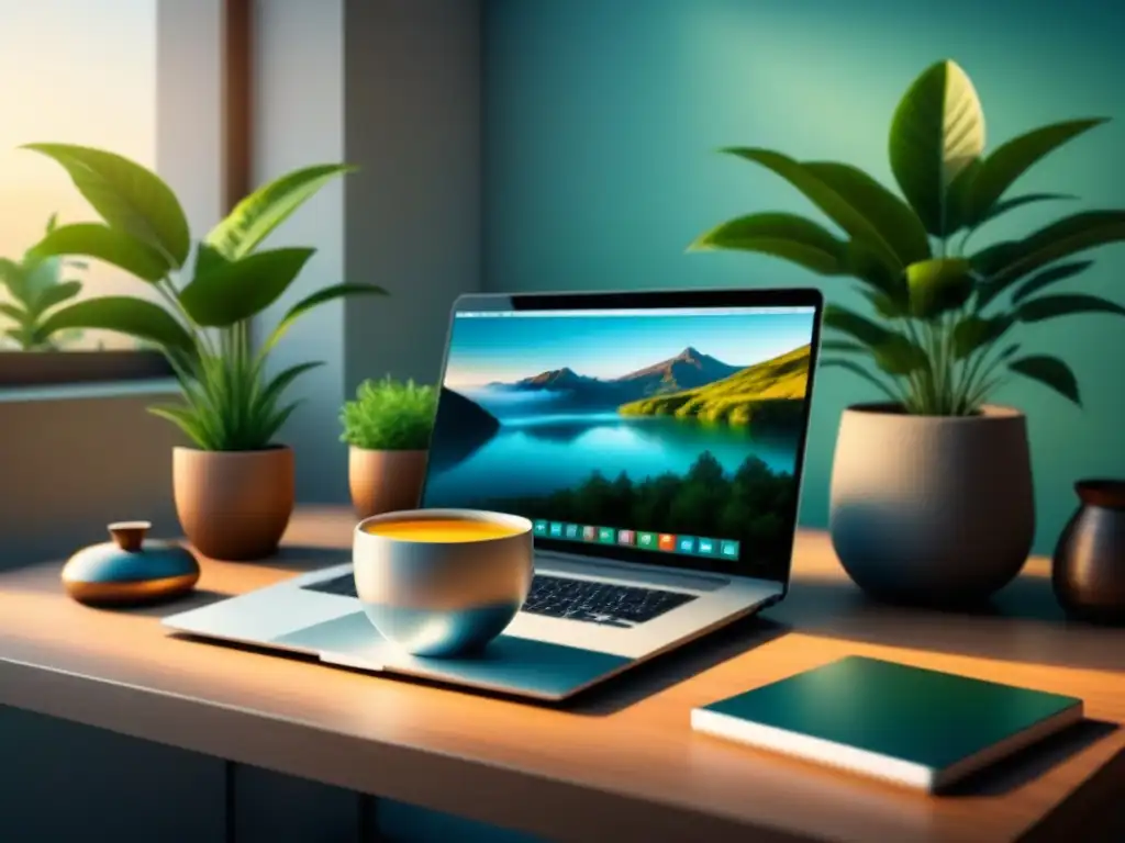 Un escritorio sereno con laptop mostrando escena natural, planta, té y campana de mindfulness
