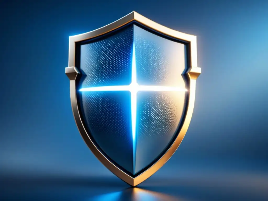 Un escudo digital futurista en tonos azules y plateados, representando protección propiedad intelectual tecnológico