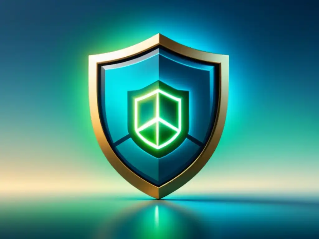 Escudo blockchain futurista en azules y verdes, simbolizando protección y prevención fraudes blockchain estrategia efectiva