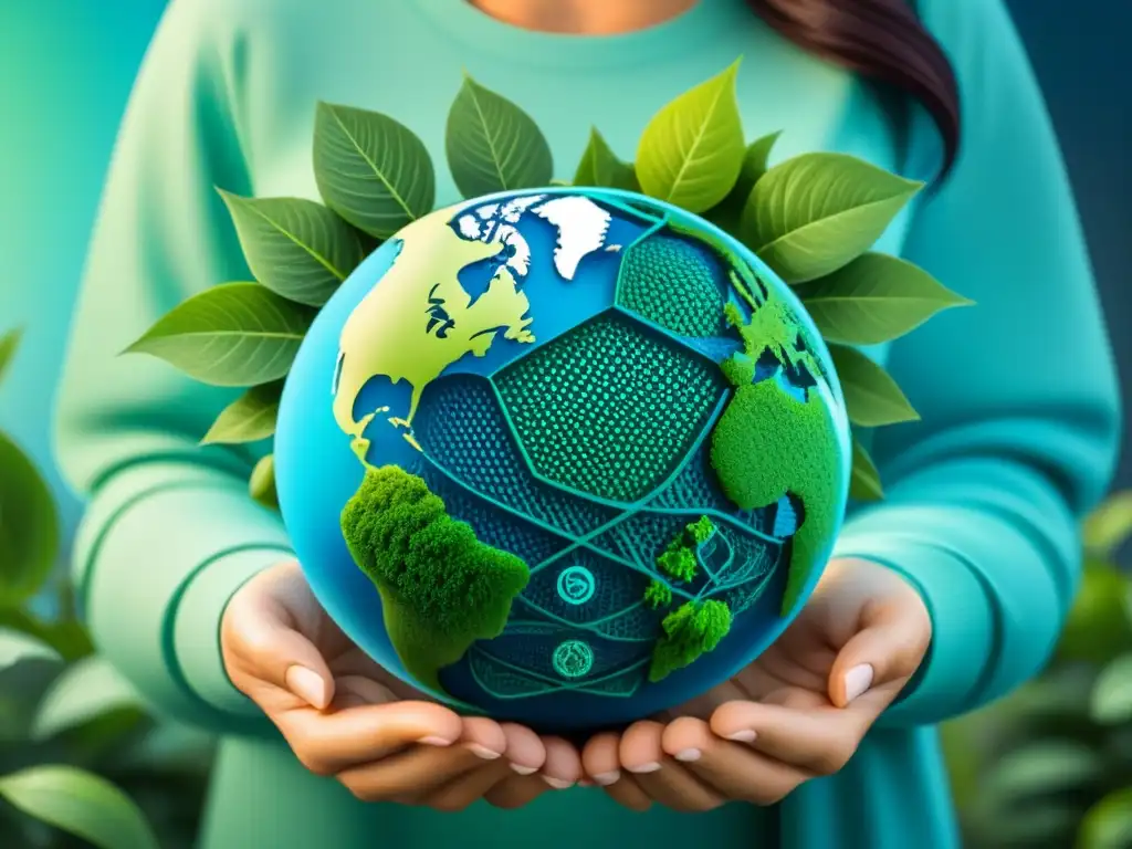 Esfera global rodeada de símbolos biotecnológicos, en azules y verdes