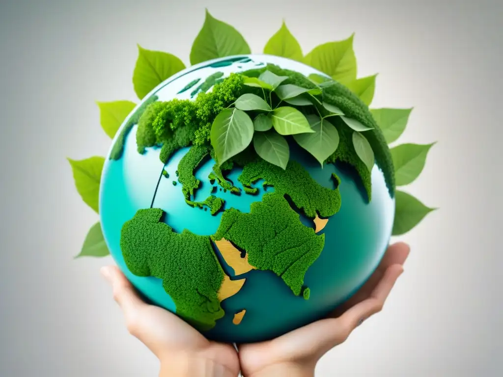 Esfera de hojas verdes entrelazadas representando normativas internacionales prácticas industriales sostenibles