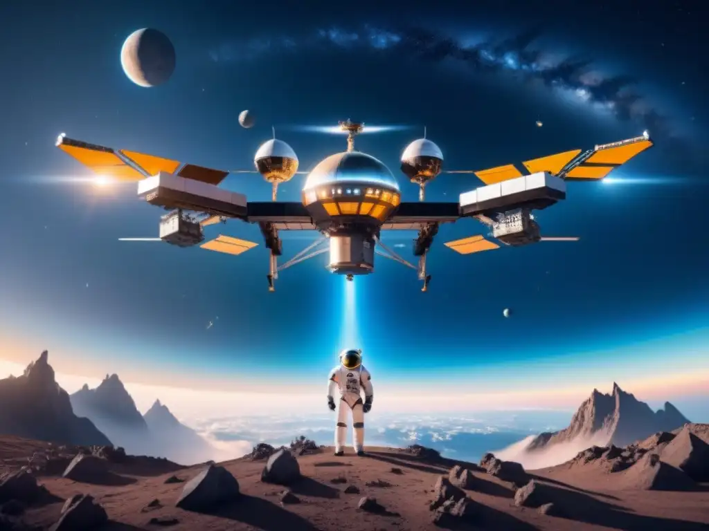 Estación espacial de alta tecnología reciclando desechos en el espacio, rodeada de cosmos estrellado