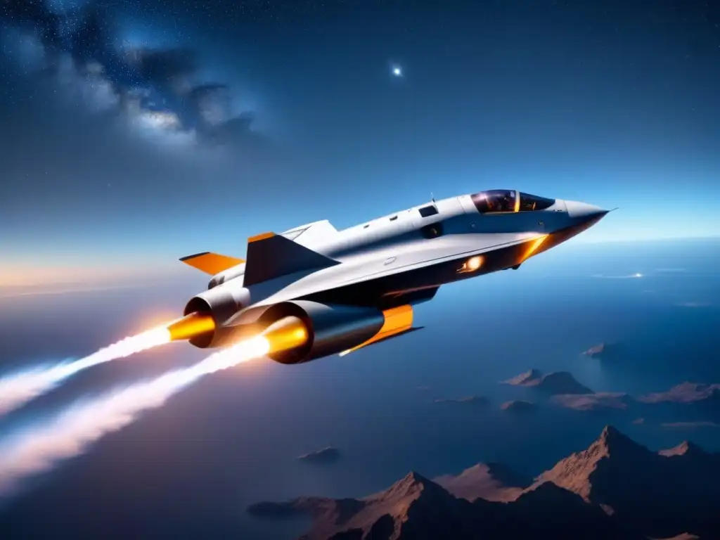 Propulsión espacial avanzada nuevas fronteras: Nave futurista surcando el espacio oscuro, con sistemas de propulsión brillantes y estrellas distantes