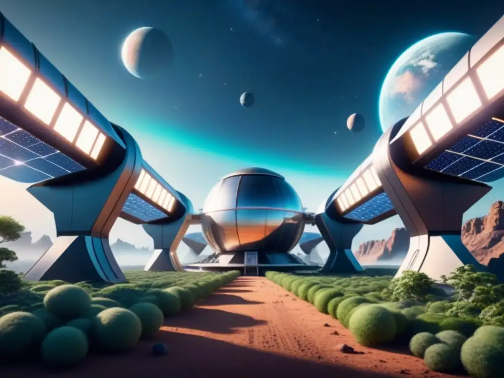 Estación espacial futurista con bioingeniería en exploración espacial