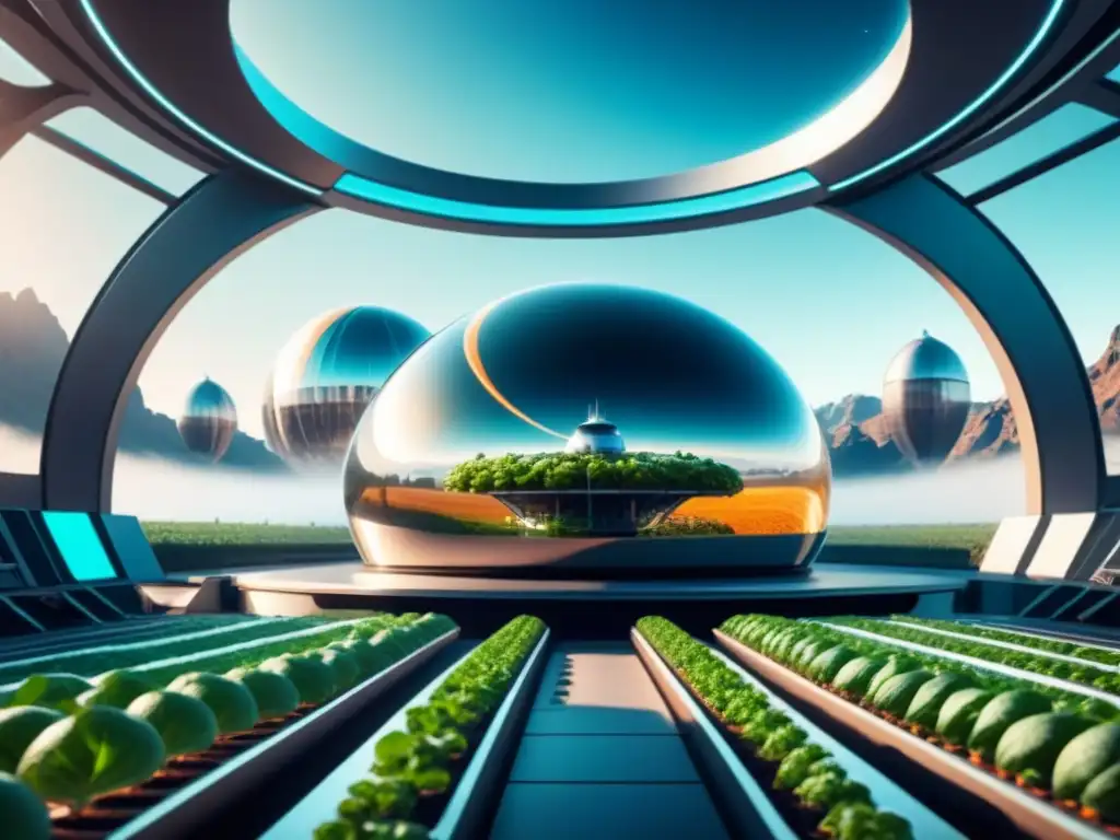 Estación espacial futurista orbitando planeta con domos de agricultura hidropónica