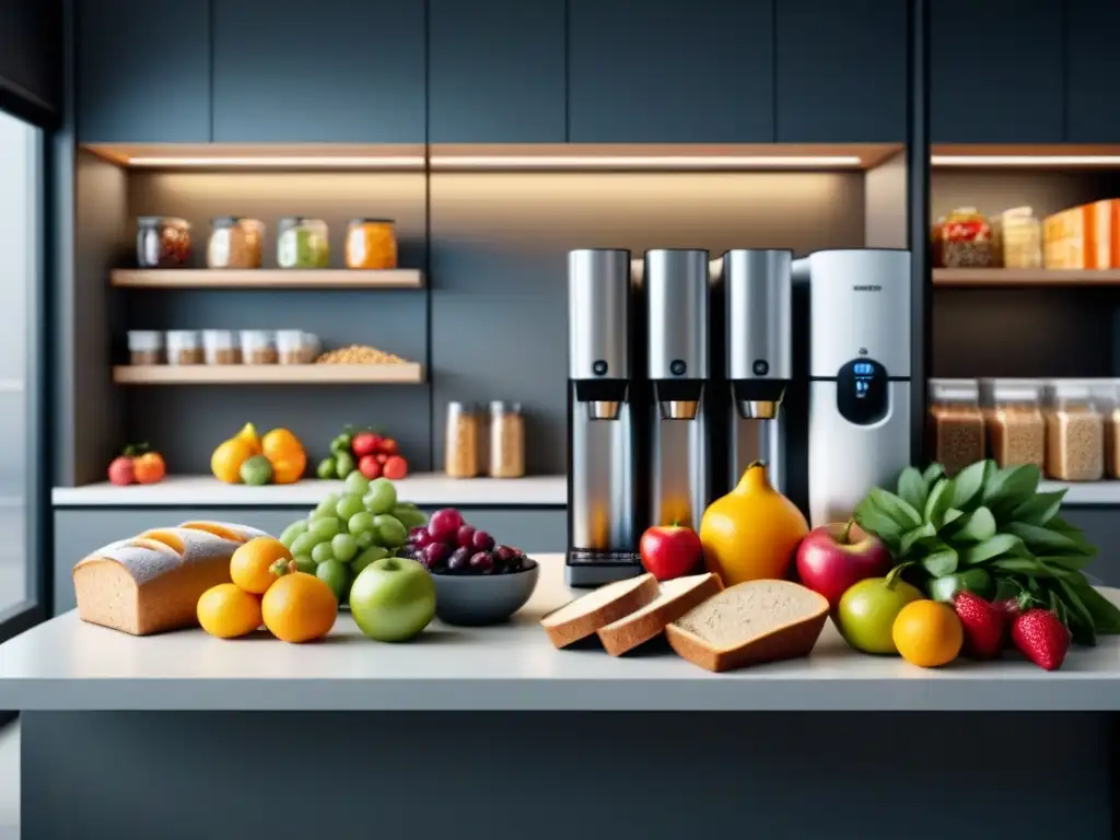Un espacio de cocina de oficina moderno y elegante con alimentos saludables y frescos