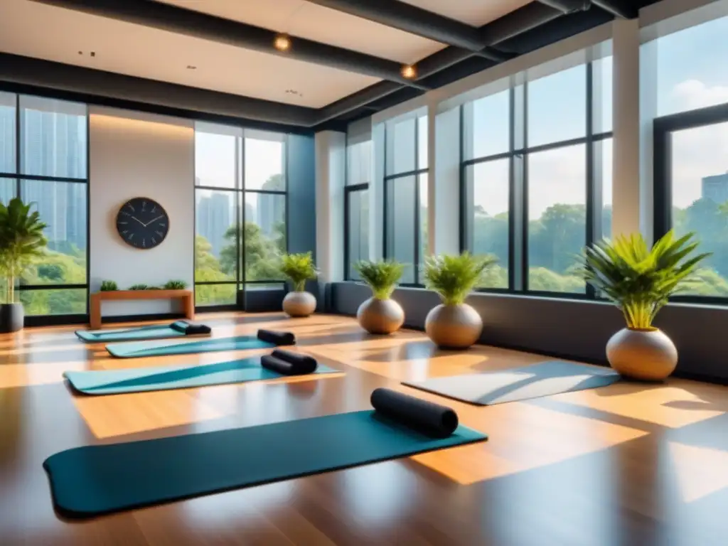 Centro de bienestar corporativo moderno con vistas a jardín exuberante Un espacio corporativo moderno y elegante con vistas a un jardín verde exuberante, ideal para programas de bienestar en salud