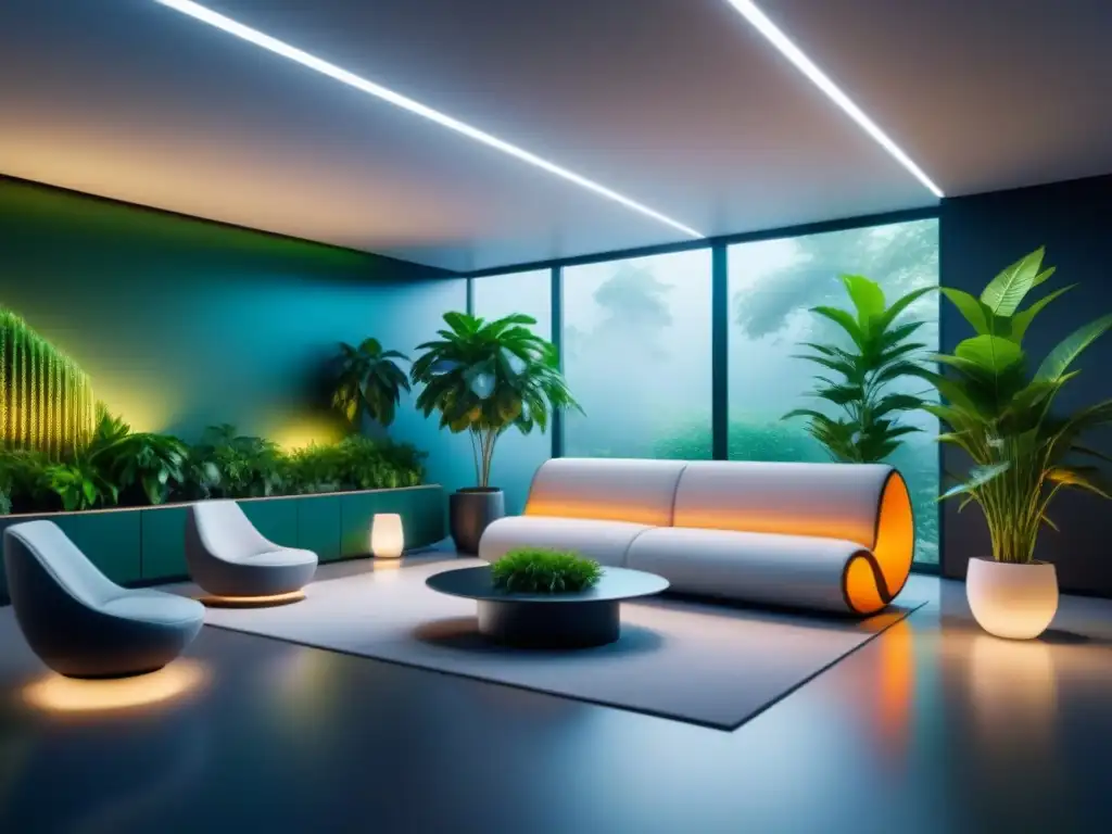 Un espacio de descanso futurista y minimalista con muebles ergonómicos, plantas verdes y una iluminación suave, ideal para relajarse