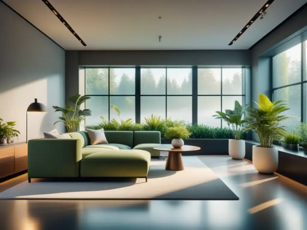 Un espacio de descanso minimalista con muebles modernos, plantas verdes y luz suave