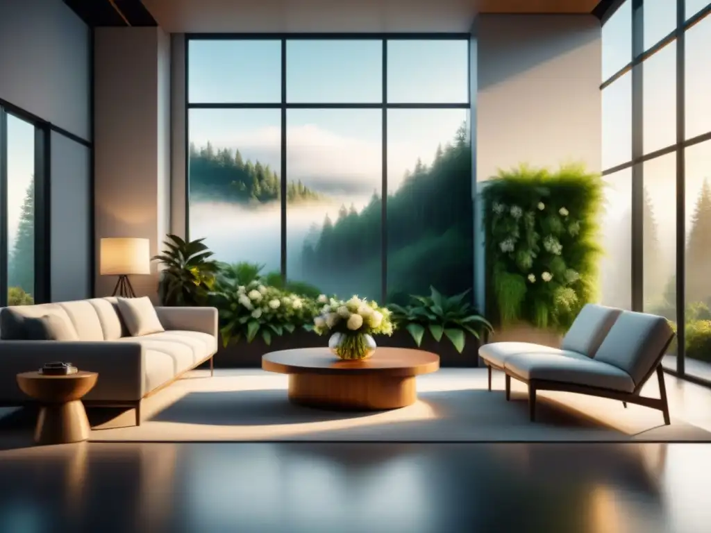 Un espacio de descanso minimalista y sereno con muebles modernos en tonos neutros y una pared verde de plantas, inspirando calma y diseño sofisticado