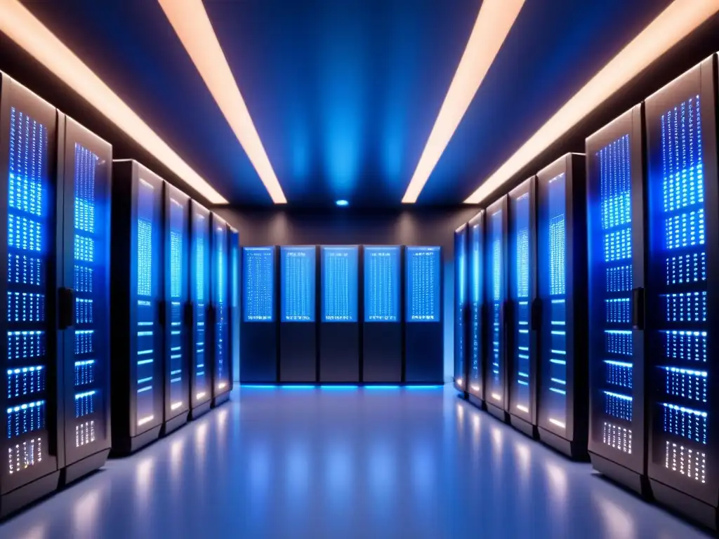 Un espacio futurista con servidores supercomputadoras de alta tecnología y luces parpadeantes en azul LED