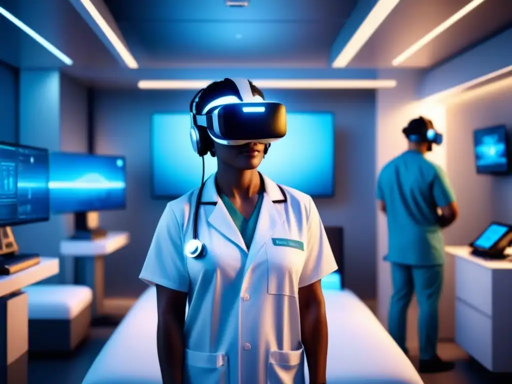 Espacio hospitalario moderno con tecnología avanzada y paciente en sesión de Realidad Virtual en salud rehabilitación