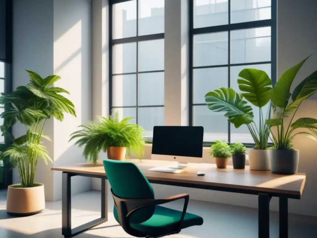 Un espacio industrial sereno, con mobiliario ergonómico y plantas verdes, que transmite tranquilidad y bienestar mental