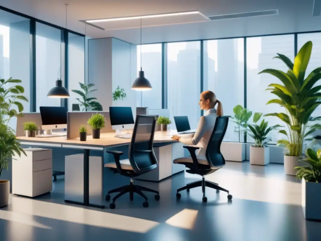 Diseño espacio trabajo salud mental: Oficina moderna con luz natural, decoración minimalista y empleados concentrados en su labor