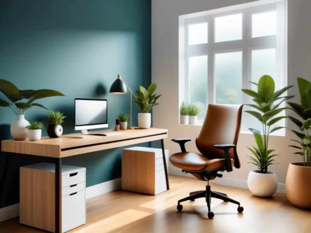 Un espacio de oficina en casa minimalista con un escritorio elegante, una silla ergonómica moderna, una laptop, plantas y una paleta de colores tranquilos de blanco y madera clara