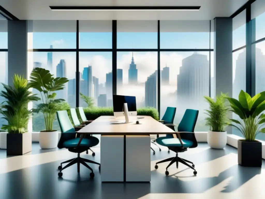 Espacio de oficina elegante y productivo con diseño ergonómico, luz natural y plantas para optimizar la fuerza laboral