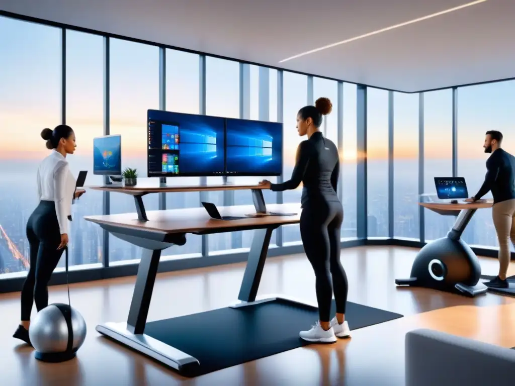 Un espacio de oficina futurista con tecnología para pausas activas, mobiliario ergonómico y empleados activos