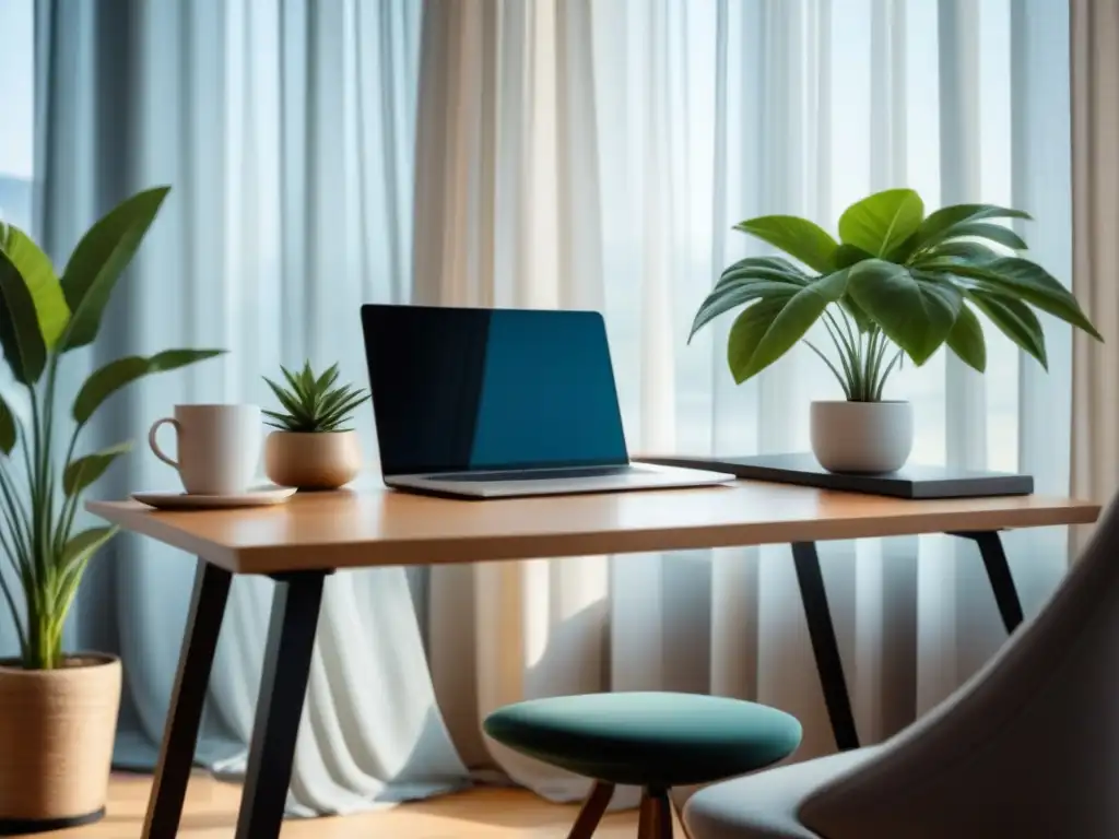 Un espacio de oficina minimalista con un escritorio moderno, laptop, planta y café, bañado en luz natural