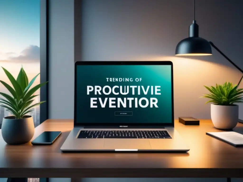 Escritorio minimalista para un entorno de trabajo productivo y saludable Un espacio de oficina minimalista con laptop, planta y cita motivacional en la pared, ideal para programas de bienestar en salud