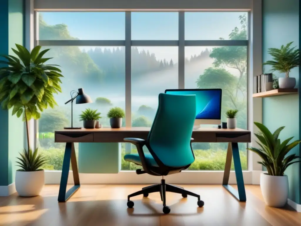 Un espacio de oficina minimalista con silla ergonómica, escritorio moderno, colores relajantes y vista a un jardín exuberante