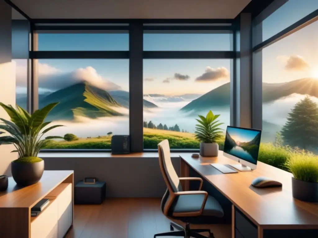 Un espacio de oficina moderno con aplicaciones digitales para controlar estrés, rodeado de tranquilidad y productividad