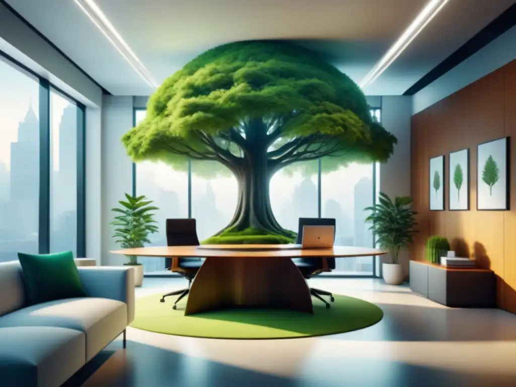 Un espacio de oficina moderno con un árbol floreciente en el centro, simbolizando la Importancia del bienestar empresarial