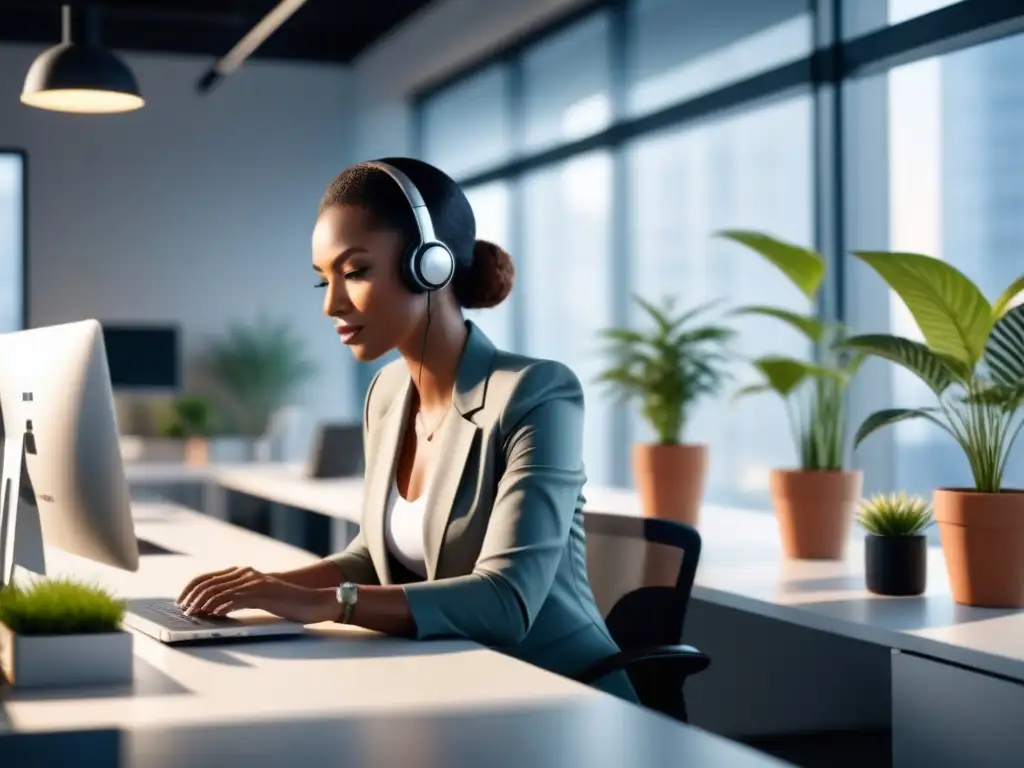 Un espacio de oficina moderno, luminoso y ordenado con iluminación inteligente para bienestar laboral