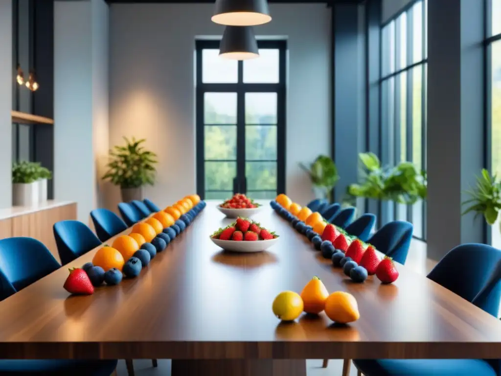 Un espacio de oficina moderno con una mesa de conferencias de madera y frutas frescas coloridas