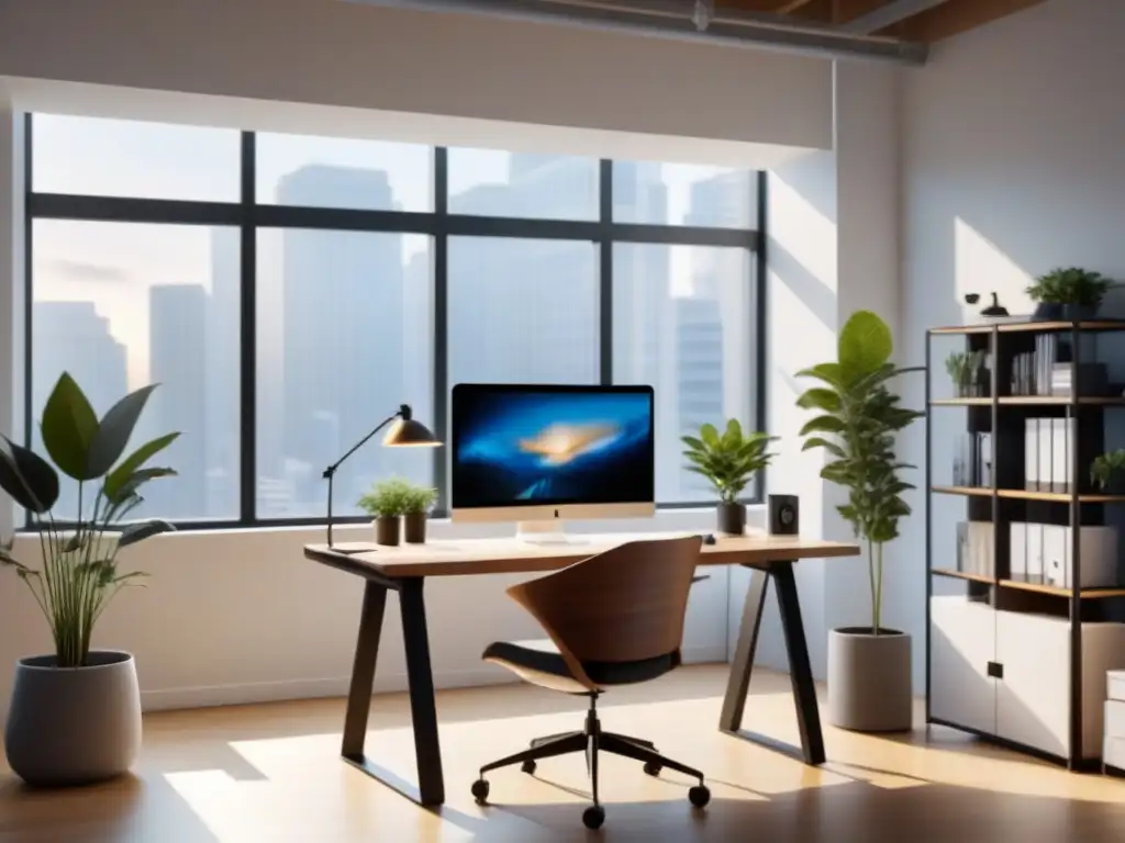 Un espacio de oficina moderno y minimalista con luz natural, escritorio ordenado, planta, laptop y auriculares