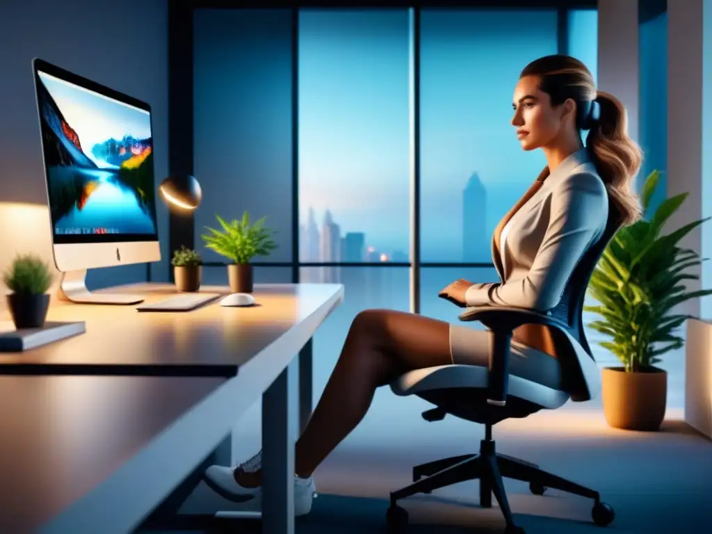 Oficina ergonómica y minimalista: armonía entre funcionalidad y simplicidad Un espacio de oficina moderno con mobiliario ergonómico y minimalista, ideal para prácticas ergonómicas efectivas en la empresa