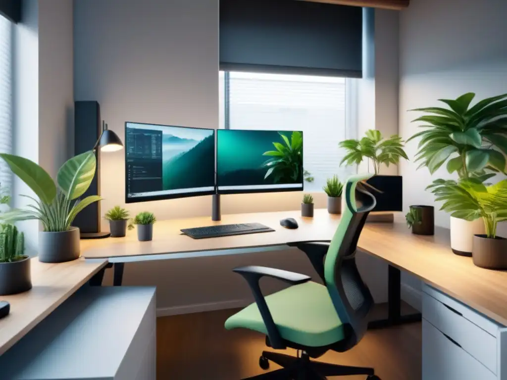 Diseño minimalista de oficina con mobiliario ergonómico y toque natural Espacio de oficina moderno con prácticas ergonómicas efectivas empresa