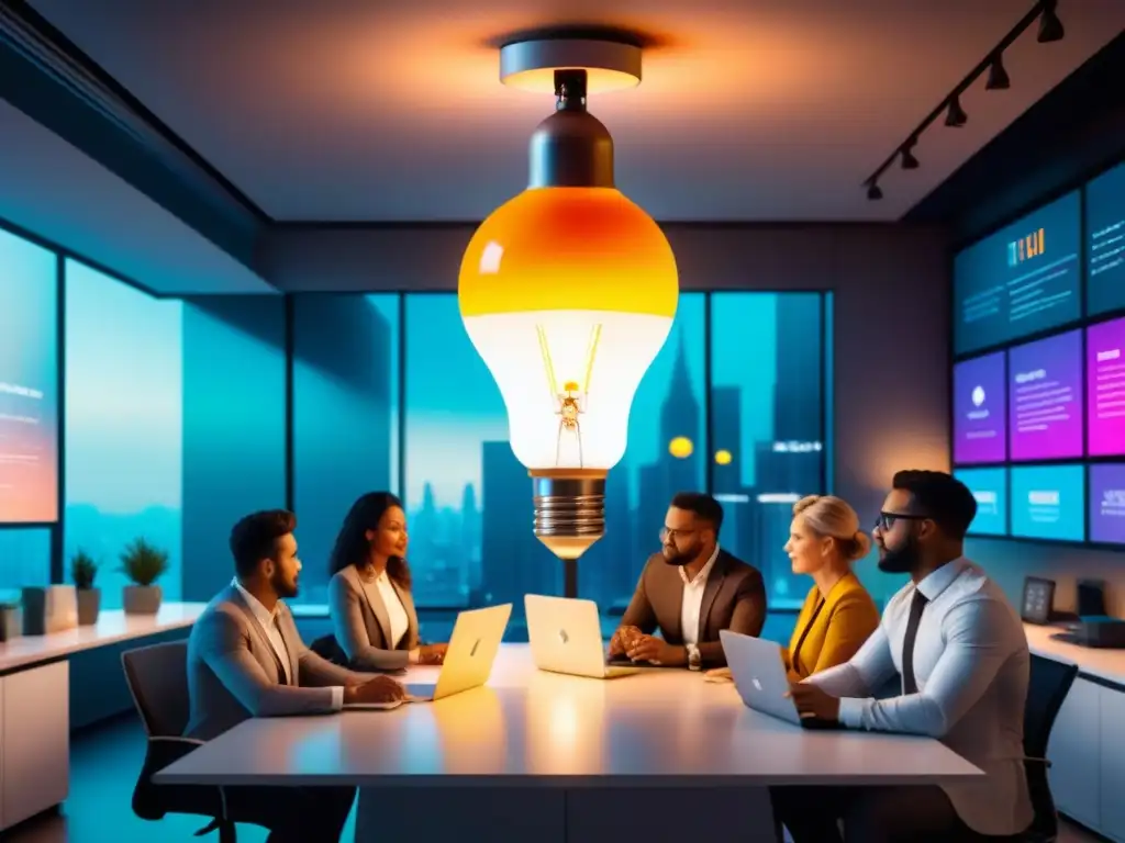 Un espacio de oficina moderno con profesionales diversos en una sesión de lluvia de ideas, mostrando el impacto de la innovación en negocios