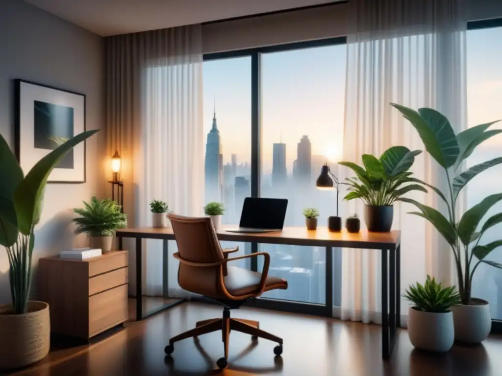 Un espacio de oficina moderno y sereno con un escritorio elegante, una silla contemporánea y una planta minimalista, todo bañado en luz natural suave a través de cortinas vaporosas