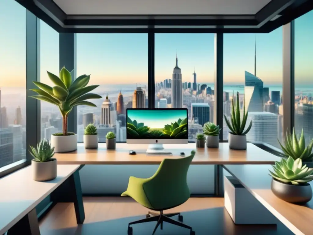 Un espacio de oficina moderno con tecnología en bienestar empresarial, minimalista y elegante, con vistas a la ciudad