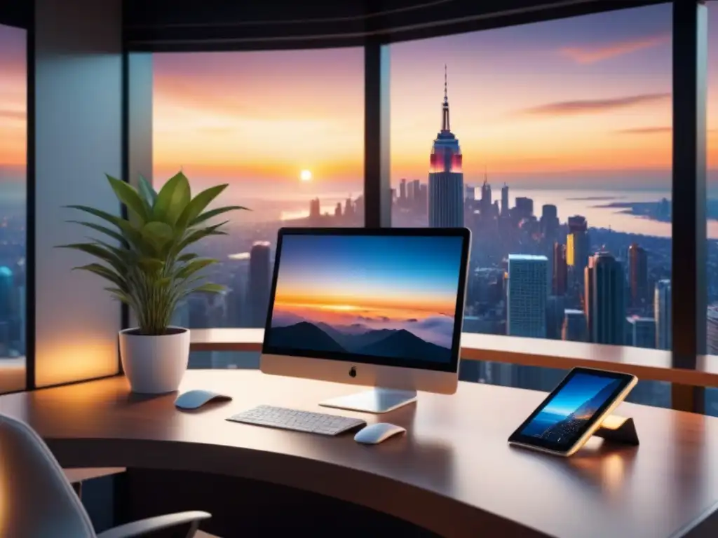 Oficina minimalista con tecnología de vanguardia y vistas panorámicas Un espacio de oficina moderno con vista a la ciudad al atardecer