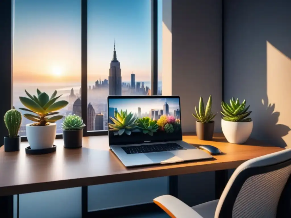 Un espacio de oficina moderno con vista a la ciudad, laptop minimalista y plantas en un escritorio ordenado