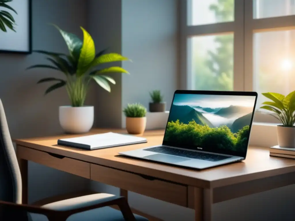 Un espacio de oficina sereno y minimalista con laptop, planta y bloc de notas, bañado en luz natural