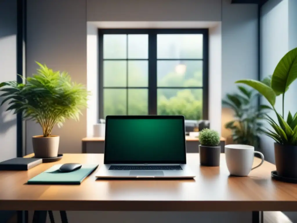 Un espacio de oficina sereno y minimalista con una gran ventana que muestra un apacible jardín verde afuera