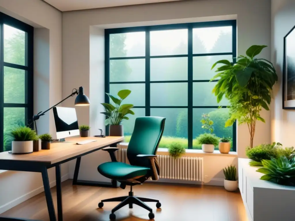 Espacio de oficina sereno y minimalista con ventana grande y vista a jardín verde exuberante, ideal para salud mental