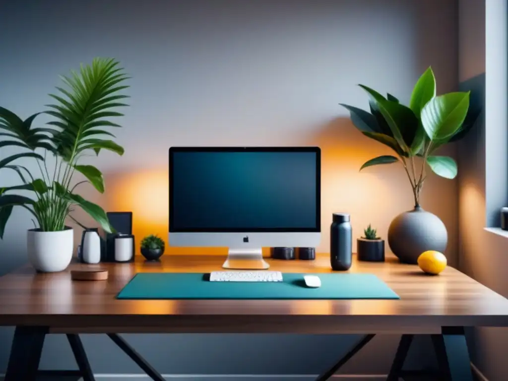 Oficina minimalista con elementos de bienestar para programas corporativos Un espacio de oficina sereno y minimalista con un amplio escritorio y diversos elementos relacionados con la salud y el bienestar, ideal para representar programas de bienestar en salud